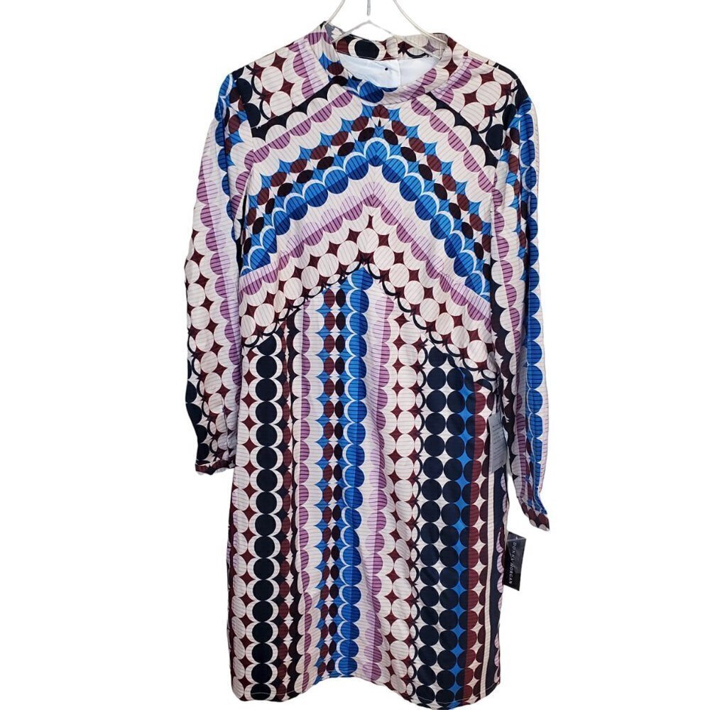 Donna Morgan Blue and Purple Geometric Long Sleeve Dress